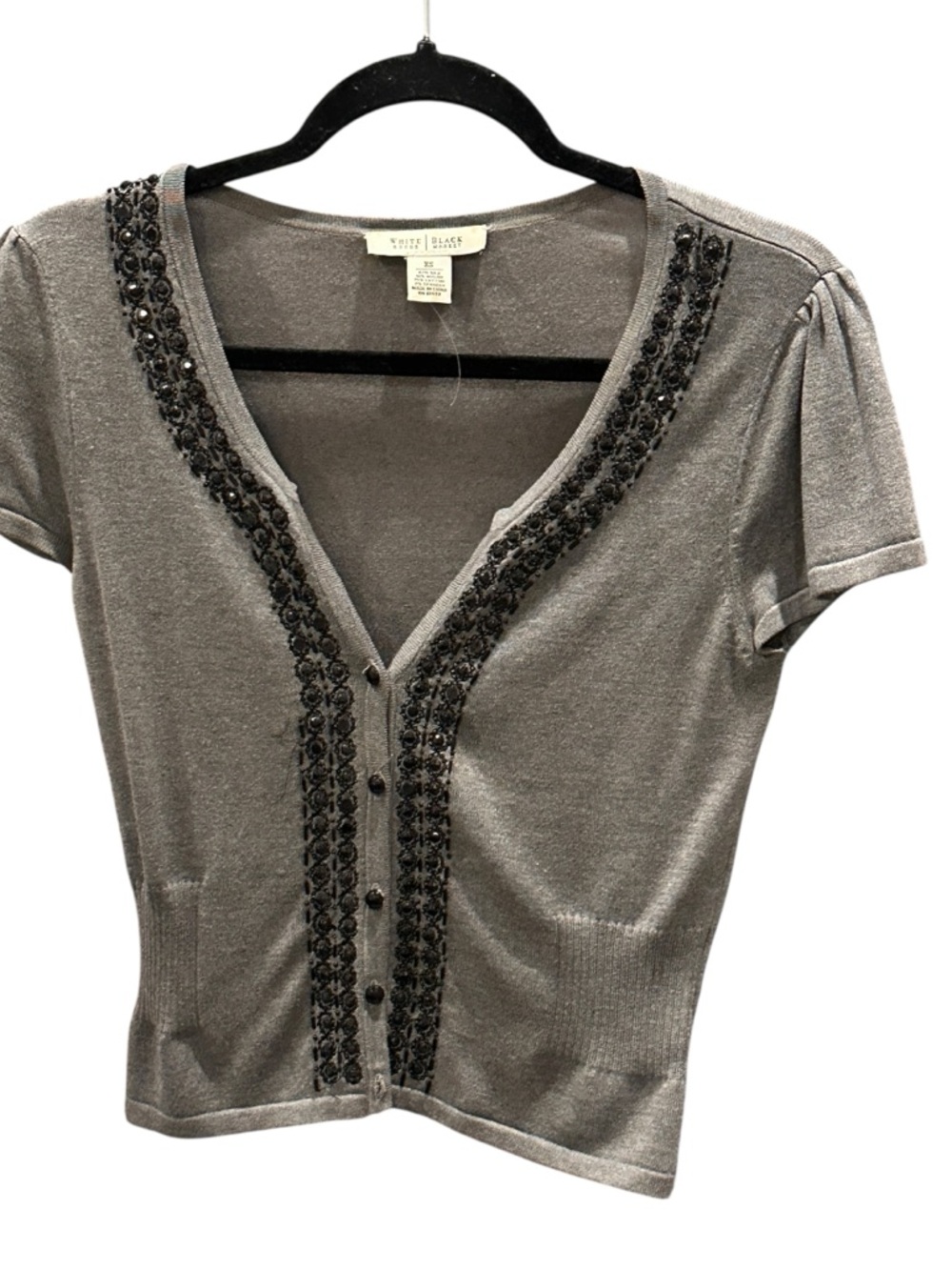 White House Black Market Gray Embellished V-Neck Button Cardigan